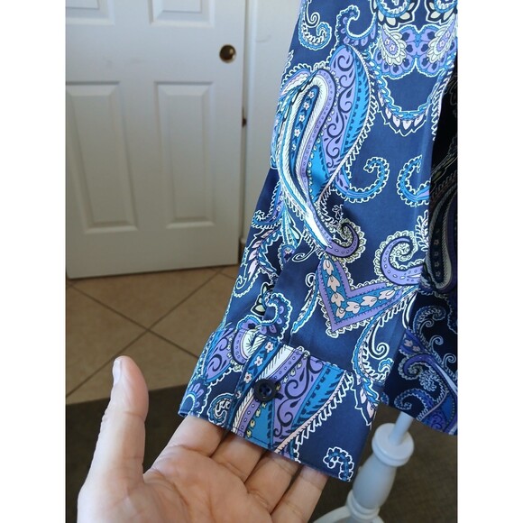 Chicos Women's Tunic Blouse Size 2 L Paisley Blue Purple Button Up Long Sleeve - Picture 5 of 15